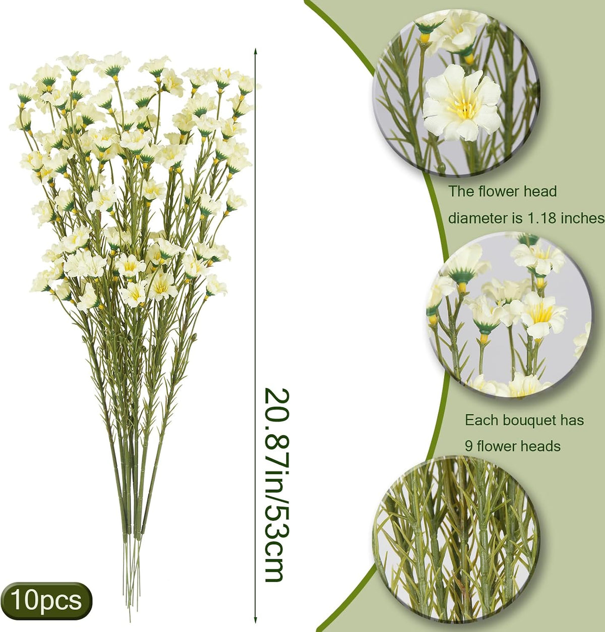 10 Pcs Artificial Wildflowers with Stems Bulk Silk Spring Flowers 21 Inch Fake Forsythia Branches White Faux Wildflowers Floral Arrangements for Home Decor Indoor Outdoor Wedding Centerpieces