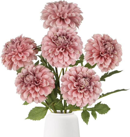 6Pcs Dahlia Artificial Flowers, 19.7" Fake Silk Dahlias Faux Flowers with Stems for DIY Wedding Centerpieces Arrangements Bridal Shower Party Home Decoration(Dusty Pink)