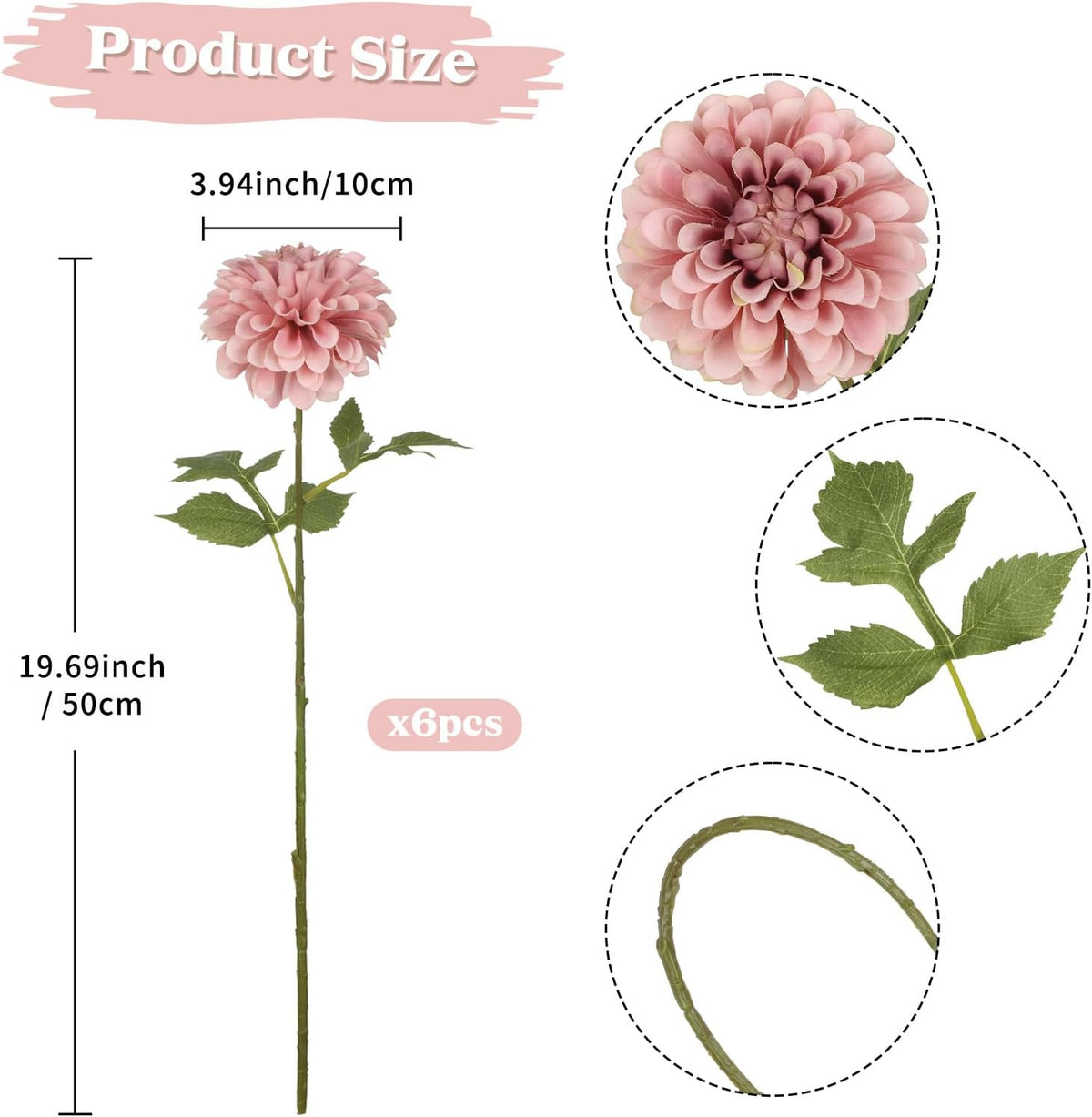 6Pcs Dahlia Artificial Flowers, 19.7" Fake Silk Dahlias Faux Flowers with Stems for DIY Wedding Centerpieces Arrangements Bridal Shower Party Home Decoration(Dusty Pink)