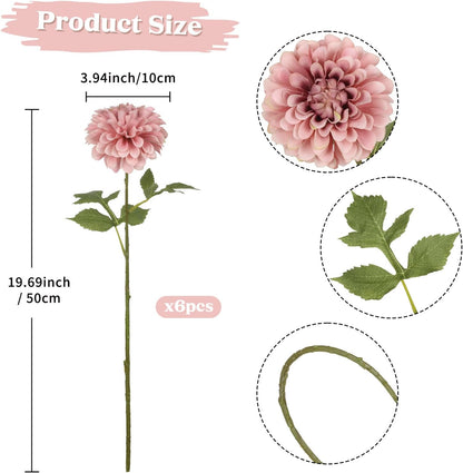 6Pcs Dahlia Artificial Flowers, 19.7" Fake Silk Dahlias Faux Flowers with Stems for DIY Wedding Centerpieces Arrangements Bridal Shower Party Home Decoration(Dusty Pink)