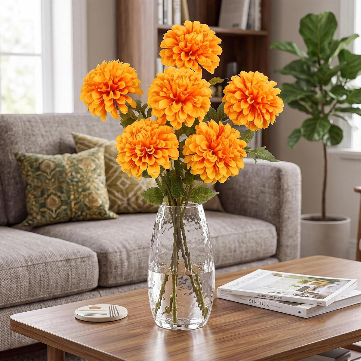 6Pcs Dahlia Artificial Flowers, 19.7" Fake Silk Dahlias Faux Flowers with Stems for DIY Wedding Centerpieces Arrangements Bridal Shower Party Home Decoration(Dusty Pink)