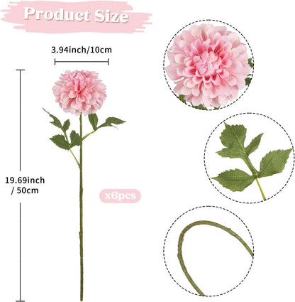 6Pcs Dahlia Artificial Flowers, 19.7" Fake Silk Dahlias Faux Flowers with Stems for DIY Wedding Centerpieces Arrangements Bridal Shower Party Home Decoration(Dusty Pink)