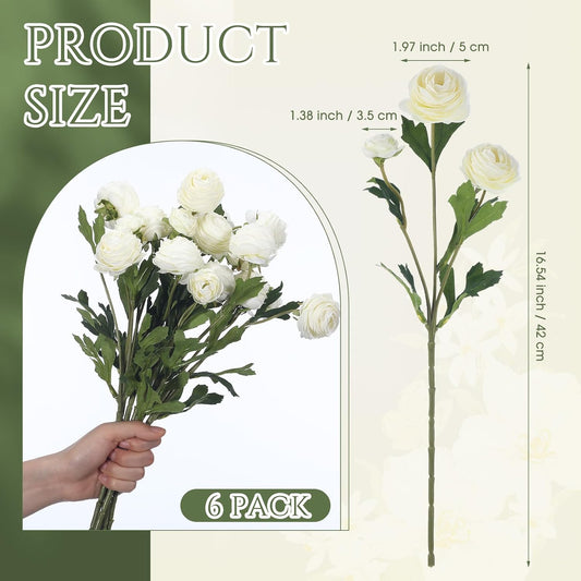 Thiccywoov 6pcs Artificial Ranunculus Flowers with Stem 18 Heads Artificial Ranunculus Flowers Bouquets Bulk for DIY Bouquet Wedding Centerpiece Home Decor (White)