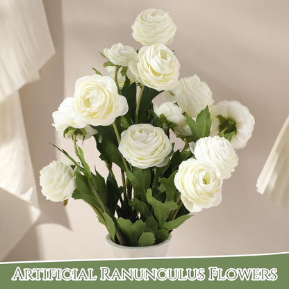 Thiccywoov 6pcs Artificial Ranunculus Flowers with Stem 18 Heads Artificial Ranunculus Flowers Bouquets Bulk for DIY Bouquet Wedding Centerpiece Home Decor (White)
