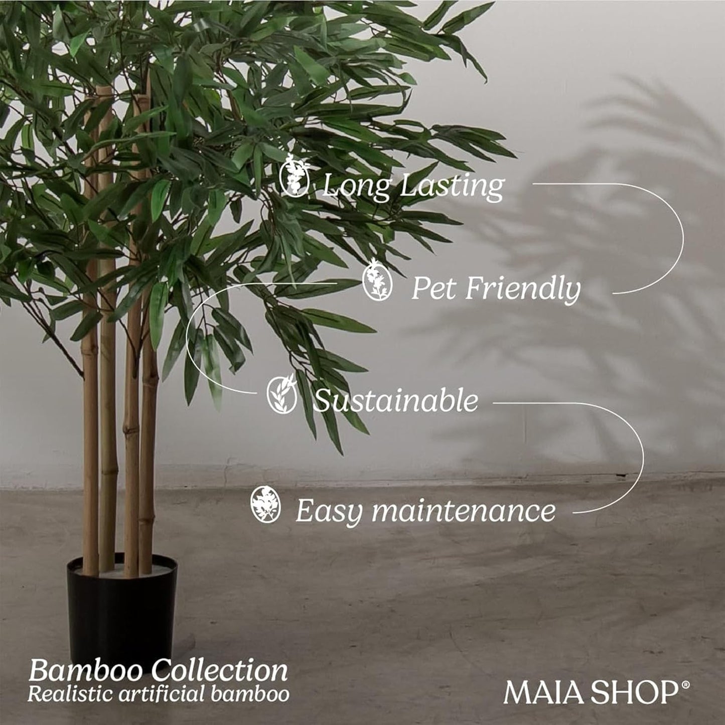 5ft Artificial Bamboo Tree - Indoor Faux Plant | Plastic Construction, 150 cm Height, 45 cm Width, 3 kg Weight, Black Pot Included, Foldable Canes, 15 Tips