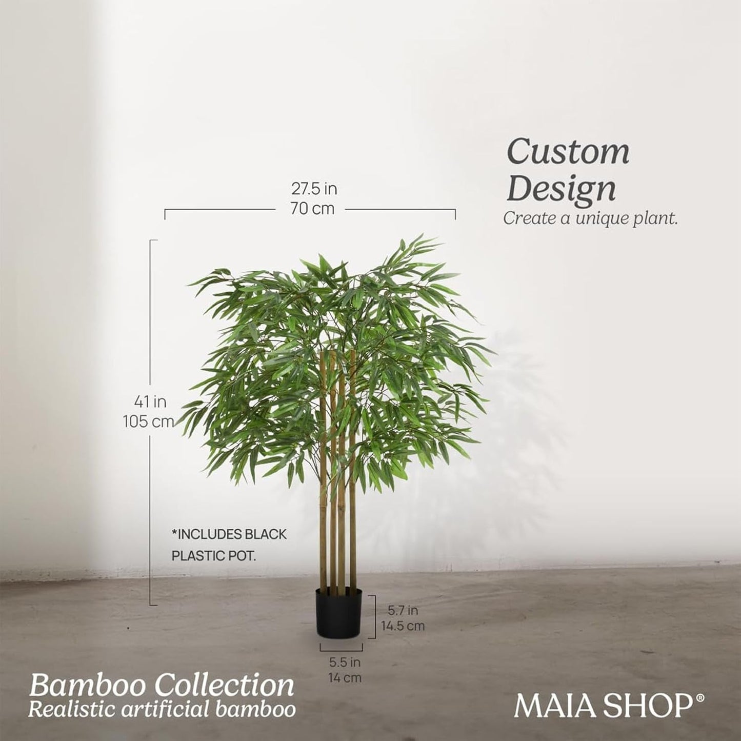 5ft Artificial Bamboo Tree - Indoor Faux Plant | Plastic Construction, 150 cm Height, 45 cm Width, 3 kg Weight, Black Pot Included, Foldable Canes, 15 Tips