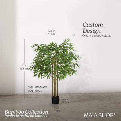 5ft Artificial Bamboo Tree - Indoor Faux Plant | Plastic Construction, 150 cm Height, 45 cm Width, 3 kg Weight, Black Pot Included, Foldable Canes, 15 Tips