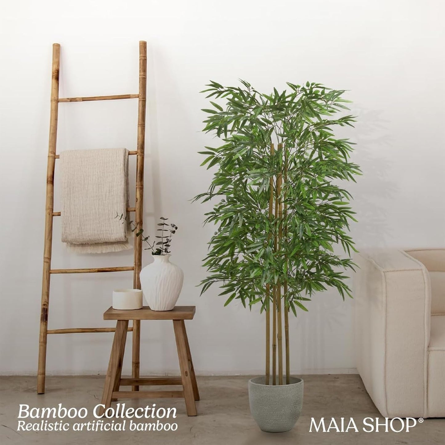 5ft Artificial Bamboo Tree - Indoor Faux Plant | Plastic Construction, 150 cm Height, 45 cm Width, 3 kg Weight, Black Pot Included, Foldable Canes, 15 Tips
