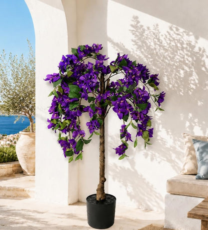 3.7FT Artificial Bougainvillea Tree Indoor Outdoor,Faux Silk Floral Tree Bougainvillea Potted Plant with Flowers Realistic Wood Trunk, Tall Faux Flowering Tree for Front Porch Home Garden Patio