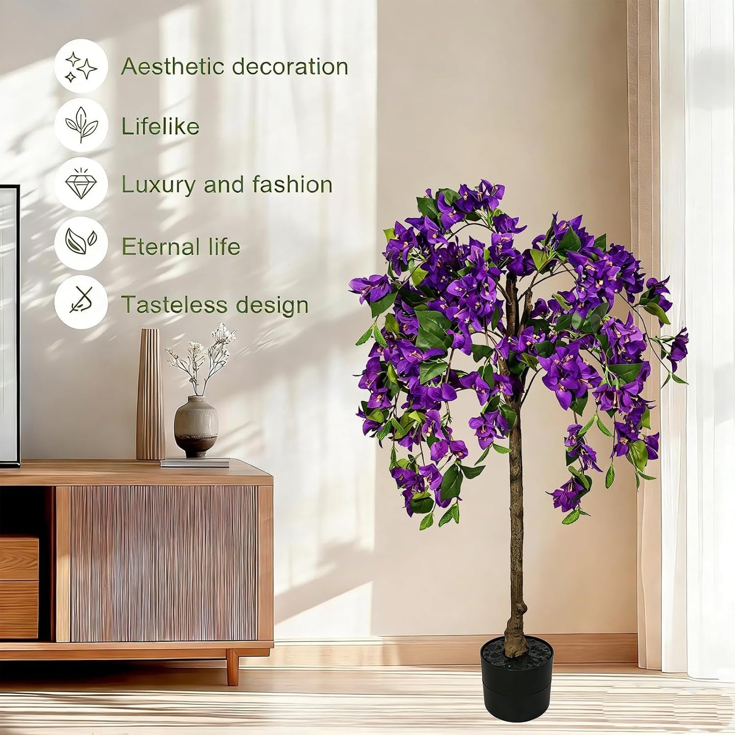 3.7FT Artificial Bougainvillea Tree Indoor Outdoor,Faux Silk Floral Tree Bougainvillea Potted Plant with Flowers Realistic Wood Trunk, Tall Faux Flowering Tree for Front Porch Home Garden Patio