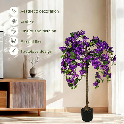 3.7FT Artificial Bougainvillea Tree Indoor Outdoor,Faux Silk Floral Tree Bougainvillea Potted Plant with Flowers Realistic Wood Trunk, Tall Faux Flowering Tree for Front Porch Home Garden Patio
