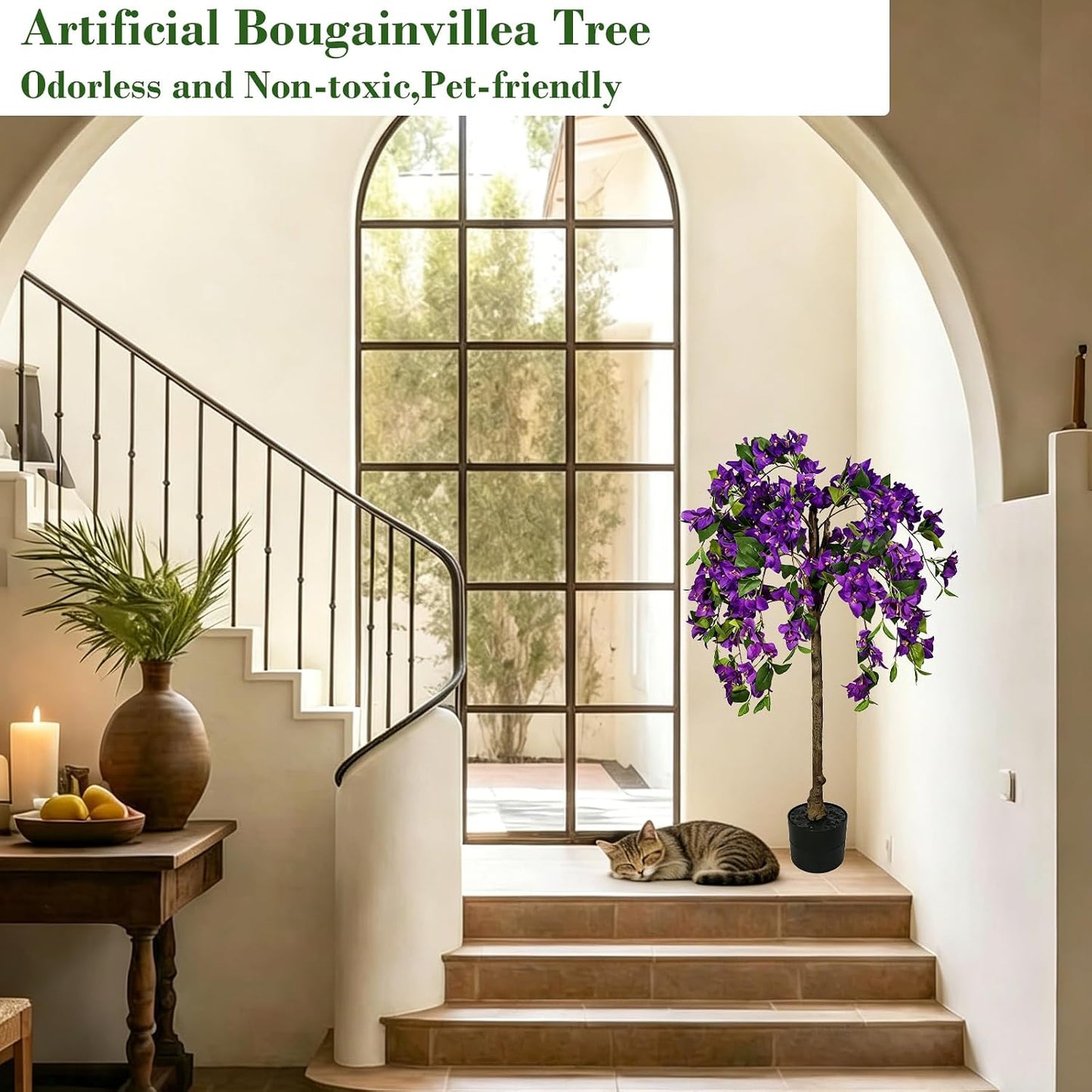 3.7FT Artificial Bougainvillea Tree Indoor Outdoor,Faux Silk Floral Tree Bougainvillea Potted Plant with Flowers Realistic Wood Trunk, Tall Faux Flowering Tree for Front Porch Home Garden Patio
