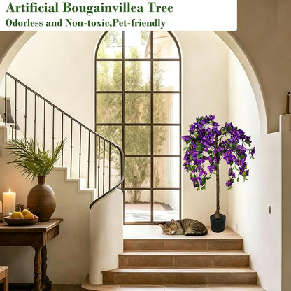 3.7FT Artificial Bougainvillea Tree Indoor Outdoor,Faux Silk Floral Tree Bougainvillea Potted Plant with Flowers Realistic Wood Trunk, Tall Faux Flowering Tree for Front Porch Home Garden Patio
