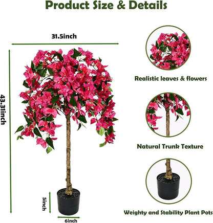 3.7FT Artificial Bougainvillea Tree Indoor Outdoor,Faux Silk Floral Tree Bougainvillea Potted Plant with Flowers Realistic Wood Trunk, Tall Faux Flowering Tree for Front Porch Home Garden Patio