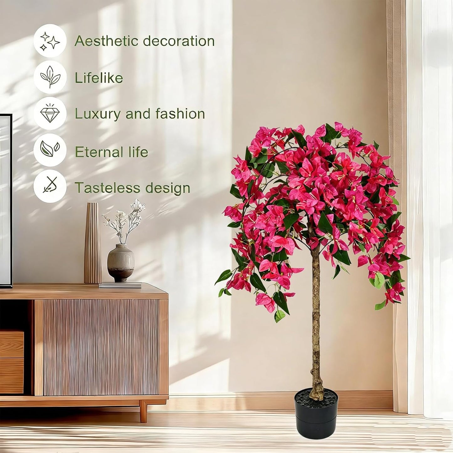 3.7FT Artificial Bougainvillea Tree Indoor Outdoor,Faux Silk Floral Tree Bougainvillea Potted Plant with Flowers Realistic Wood Trunk, Tall Faux Flowering Tree for Front Porch Home Garden Patio
