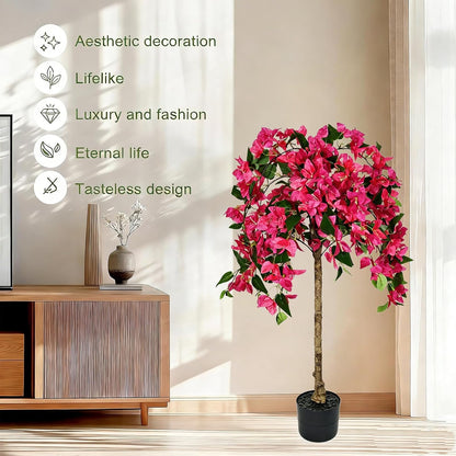 3.7FT Artificial Bougainvillea Tree Indoor Outdoor,Faux Silk Floral Tree Bougainvillea Potted Plant with Flowers Realistic Wood Trunk, Tall Faux Flowering Tree for Front Porch Home Garden Patio