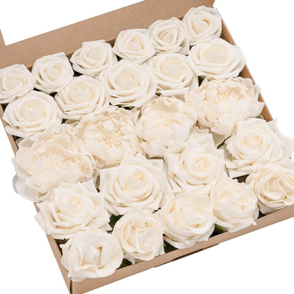 Artificial Flowers Fake Roses Faux Peony Foam Gardenia White | Foam Flower, Real Touch Filler Flower, Indoor Outdoor Decor, Table Centerpieces, Wedding Bouquets, Floral Arrangments, 23pcs