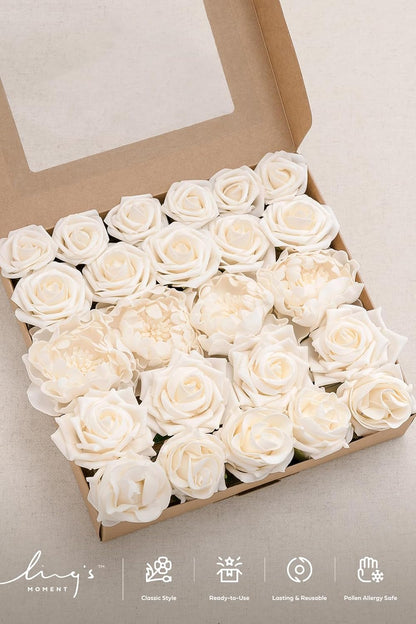 Artificial Flowers Fake Roses Faux Peony Foam Gardenia White | Foam Flower, Real Touch Filler Flower, Indoor Outdoor Decor, Table Centerpieces, Wedding Bouquets, Floral Arrangments, 23pcs