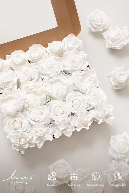 Artificial Flowers Fake Roses Faux Peony Foam Gardenia White | Foam Flower, Real Touch Filler Flower, Indoor Outdoor Decor, Table Centerpieces, Wedding Bouquets, Floral Arrangments, 23pcs