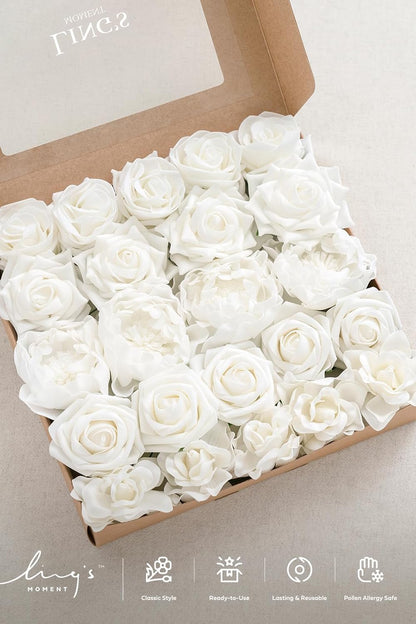 Artificial Flowers Fake Roses Faux Peony Foam Gardenia White | Foam Flower, Real Touch Filler Flower, Indoor Outdoor Decor, Table Centerpieces, Wedding Bouquets, Floral Arrangments, 23pcs