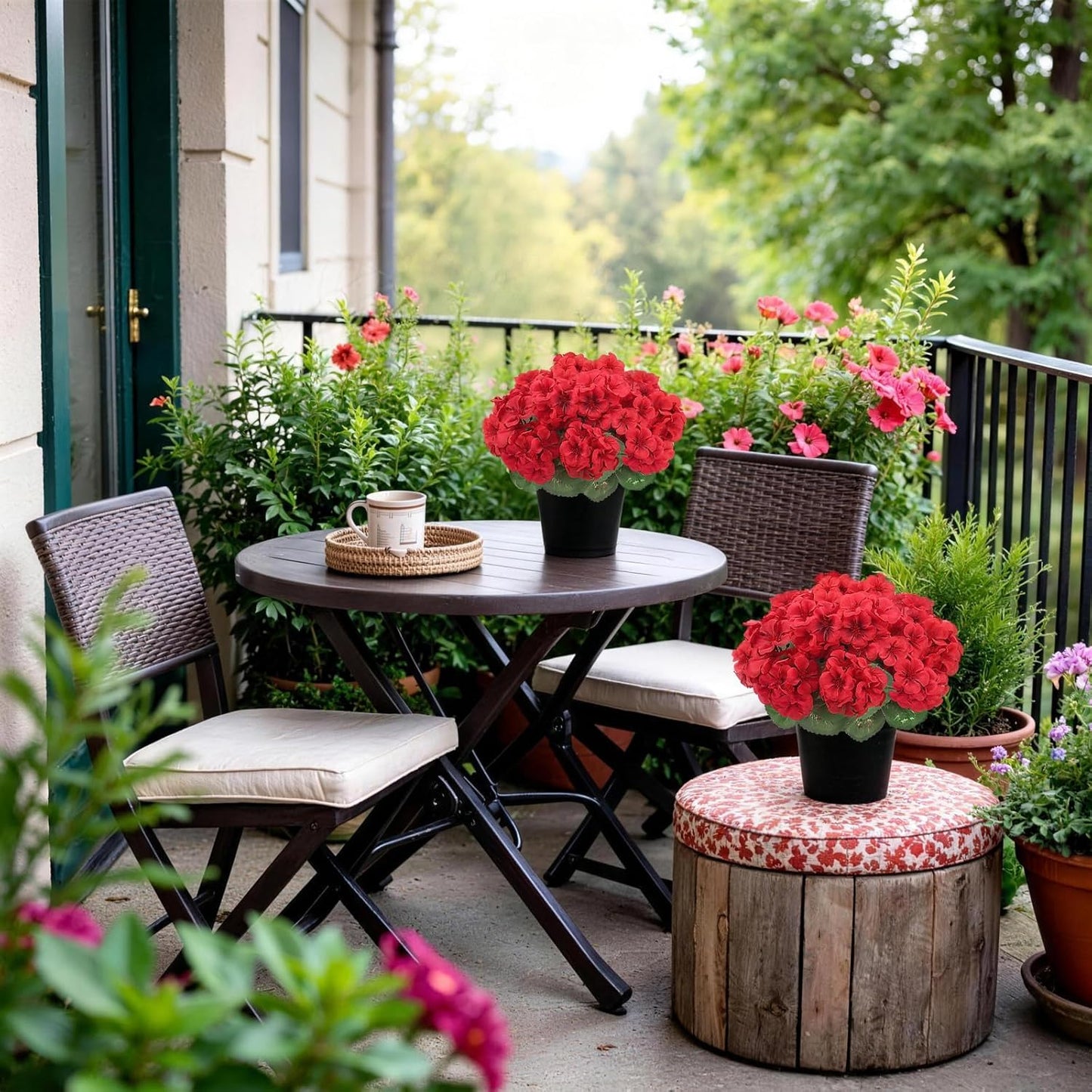 2Pcs Geranium Artificial Flowers in Pot, 10.6" Fake Geraniums Plants UV Resistant Silk Mini Potted Plants for Tabletop Home Décor Office Porch Garden Outdoor Indoor Decor