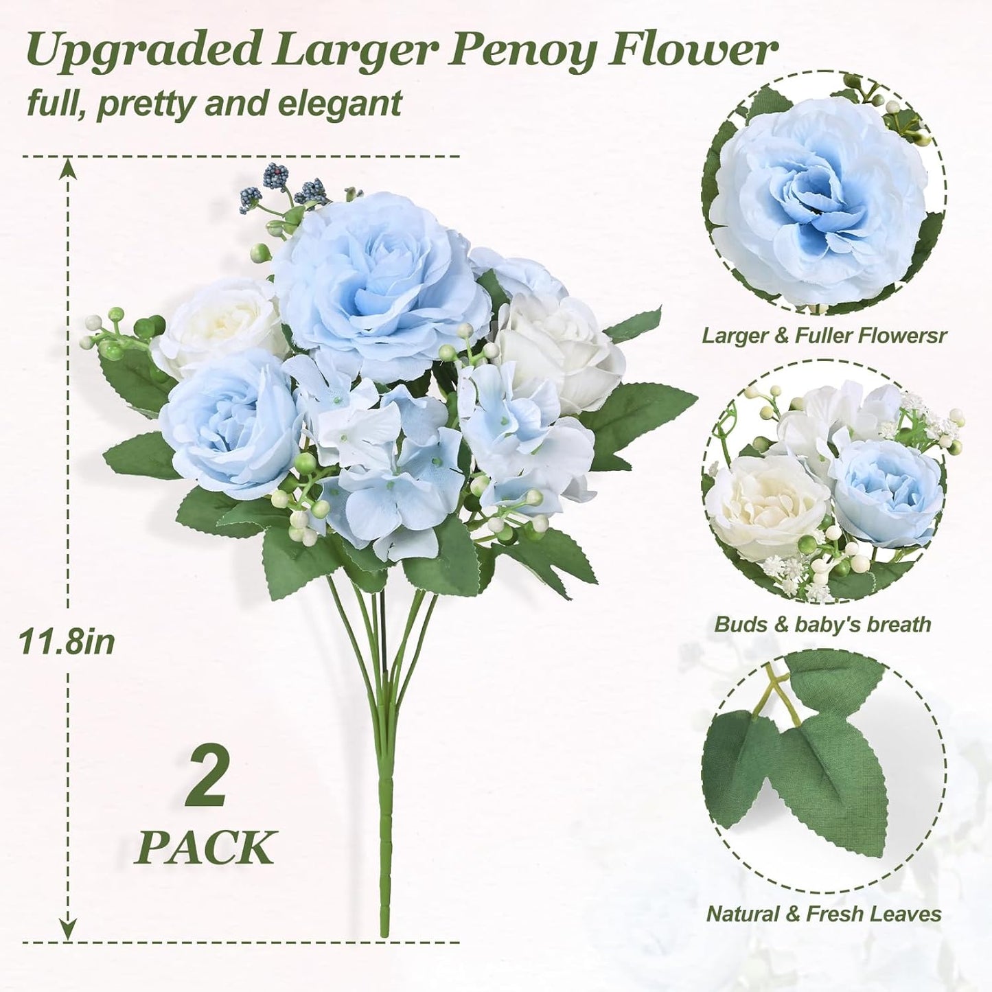 2 Bouquets Peonies Artificial Flowers, Mixed Pink Fake Flowers | Large 3.5-In Realistic Blooms, Soft Silk Petals, 12-In Flexible Stems, Home Decor, Wedding Centerpieces, Vase Decor