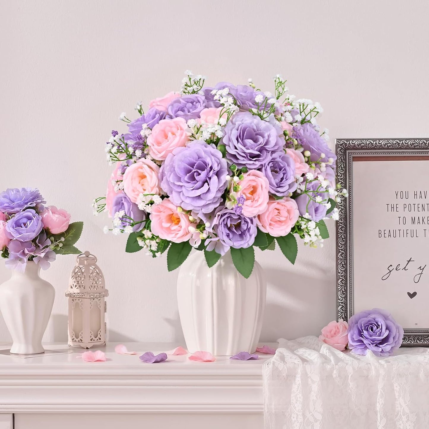 2 Bouquets Peonies Artificial Flowers, Mixed Pink Fake Flowers | Large 3.5-In Realistic Blooms, Soft Silk Petals, 12-In Flexible Stems, Home Decor, Wedding Centerpieces, Vase Decor