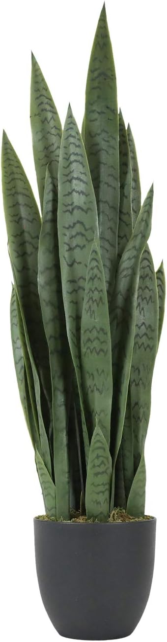 Garden 3ft Artificial Snake Plant Fake Sansevieria Indoor Outdoor, 28 Thick Leaves Lifelike Faux Silk Plant, Home Decor Mother in Law Tongue Plant 35in, with Black pot & Dry Moss Included, Green