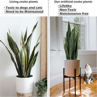 Garden 3ft Artificial Snake Plant Fake Sansevieria Indoor Outdoor, 28 Thick Leaves Lifelike Faux Silk Plant, Home Decor Mother in Law Tongue Plant 35in, with Black pot & Dry Moss Included, Green