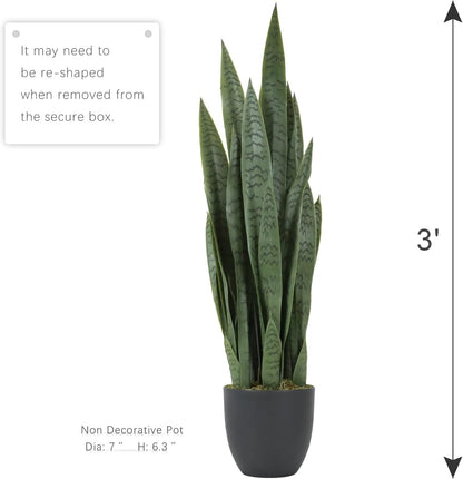 Garden 3ft Artificial Snake Plant Fake Sansevieria Indoor Outdoor, 28 Thick Leaves Lifelike Faux Silk Plant, Home Decor Mother in Law Tongue Plant 35in, with Black pot & Dry Moss Included, Green