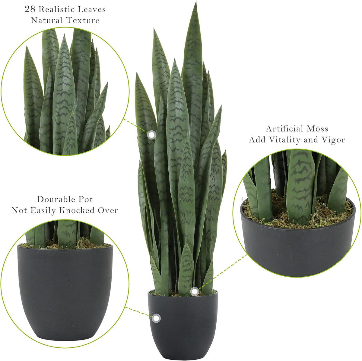 Garden 3ft Artificial Snake Plant Fake Sansevieria Indoor Outdoor, 28 Thick Leaves Lifelike Faux Silk Plant, Home Decor Mother in Law Tongue Plant 35in, with Black pot & Dry Moss Included, Green