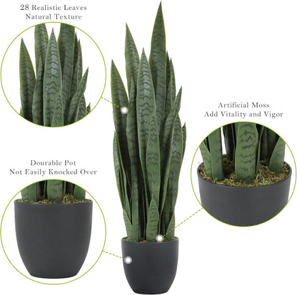 Garden 3ft Artificial Snake Plant Fake Sansevieria Indoor Outdoor, 28 Thick Leaves Lifelike Faux Silk Plant, Home Decor Mother in Law Tongue Plant 35in, with Black pot & Dry Moss Included, Green