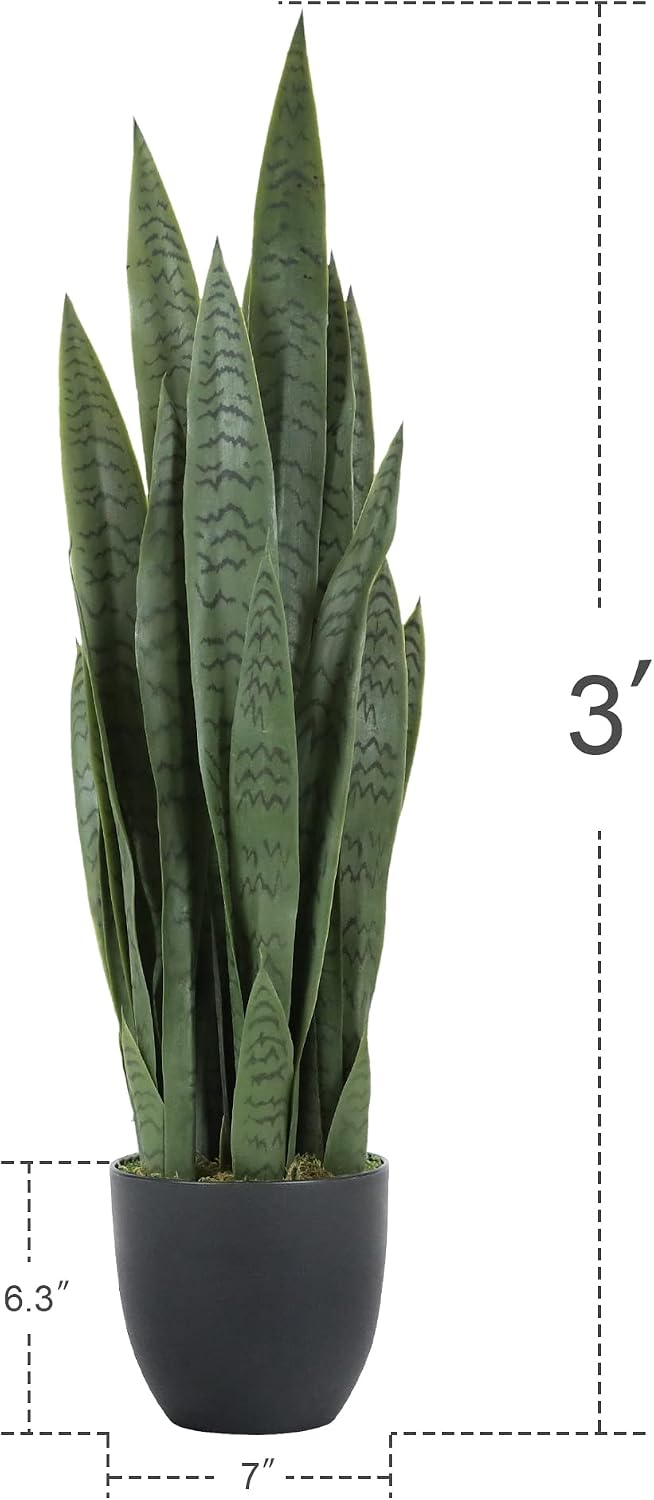 Garden 3ft Artificial Snake Plant Fake Sansevieria Indoor Outdoor, 28 Thick Leaves Lifelike Faux Silk Plant, Home Decor Mother in Law Tongue Plant 35in, with Black pot & Dry Moss Included, Green