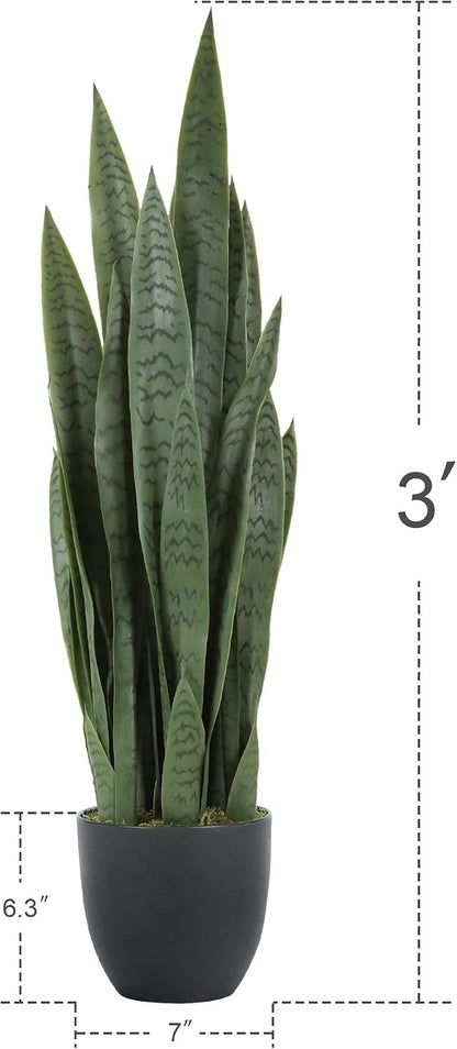 Garden 3ft Artificial Snake Plant Fake Sansevieria Indoor Outdoor, 28 Thick Leaves Lifelike Faux Silk Plant, Home Decor Mother in Law Tongue Plant 35in, with Black pot & Dry Moss Included, Green