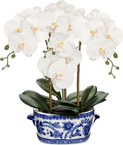 Orchid Artificial Flowers in Blue and White Porcelain Pot 19.7" White Faux Silk Orchid Arrangement Large Fake Orchid Floral Centerpiece for Elegant Home Office Living Room Kitchen Table Decor