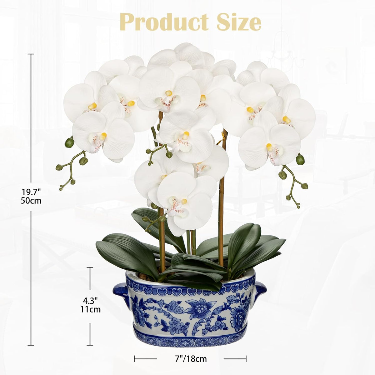 Orchid Artificial Flowers in Blue and White Porcelain Pot 19.7" White Faux Silk Orchid Arrangement Large Fake Orchid Floral Centerpiece for Elegant Home Office Living Room Kitchen Table Decor