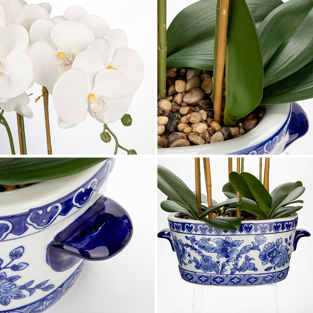 Orchid Artificial Flowers in Blue and White Porcelain Pot 19.7" White Faux Silk Orchid Arrangement Large Fake Orchid Floral Centerpiece for Elegant Home Office Living Room Kitchen Table Decor
