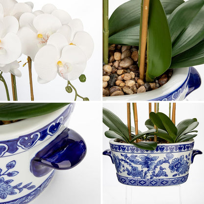 Orchid Artificial Flowers in Blue and White Porcelain Pot 19.7" White Faux Silk Orchid Arrangement Large Fake Orchid Floral Centerpiece for Elegant Home Office Living Room Kitchen Table Decor