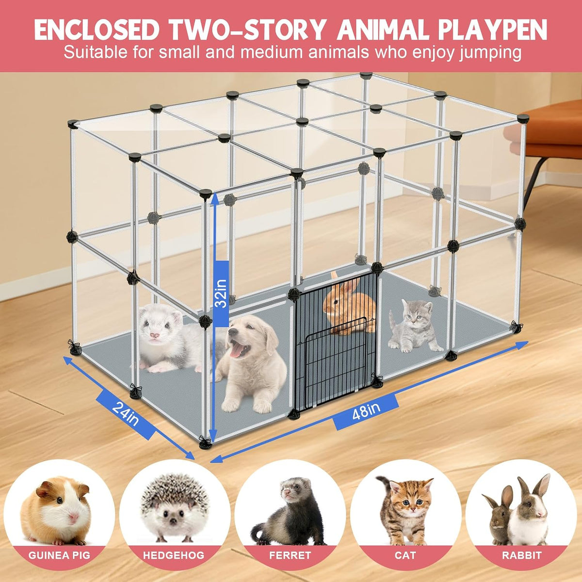 32 Panels Small Animals Playpen,48"x32"x24"Transparent Pet Playpen