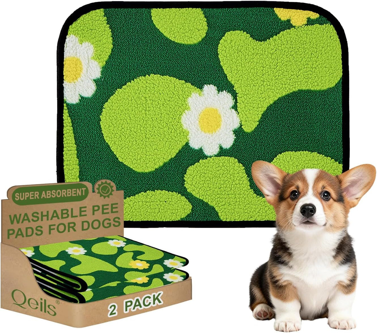 Reusable Puppy Pads for Small Dogs, Washable Pee Pads with Non-Slip , Absorbent Leakproof Mat for Crates, Playpens, Pet Beds & Whelping, Indoor Potty Training Grass Green, 24"x48", 2 Pack