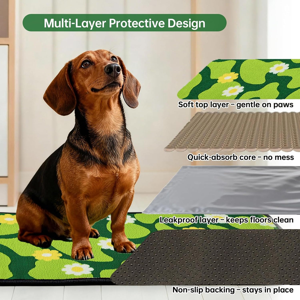 Reusable Puppy Pads for Small Dogs, Washable Pee Pads with Non-Slip , Absorbent Leakproof Mat for Crates, Playpens, Pet Beds & Whelping, Indoor Potty Training Grass Green, 24"x48", 2 Pack