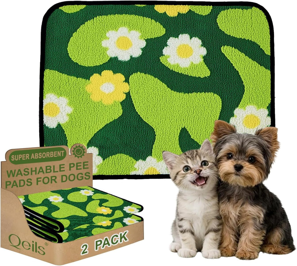 Reusable Puppy Pads for Small Dogs, Washable Pee Pads with Non-Slip , Absorbent Leakproof Mat for Crates, Playpens, Pet Beds & Whelping, Indoor Potty Training Grass Green, 24"x48", 2 Pack