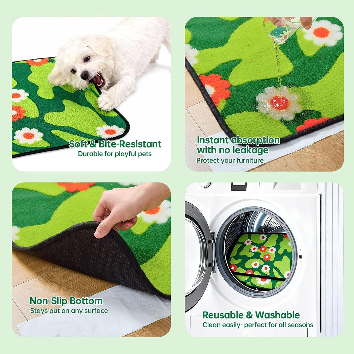 Reusable Puppy Pads for Small Dogs, Washable Pee Pads with Non-Slip , Absorbent Leakproof Mat for Crates, Playpens, Pet Beds & Whelping, Indoor Potty Training Grass Green, 24"x48", 2 Pack