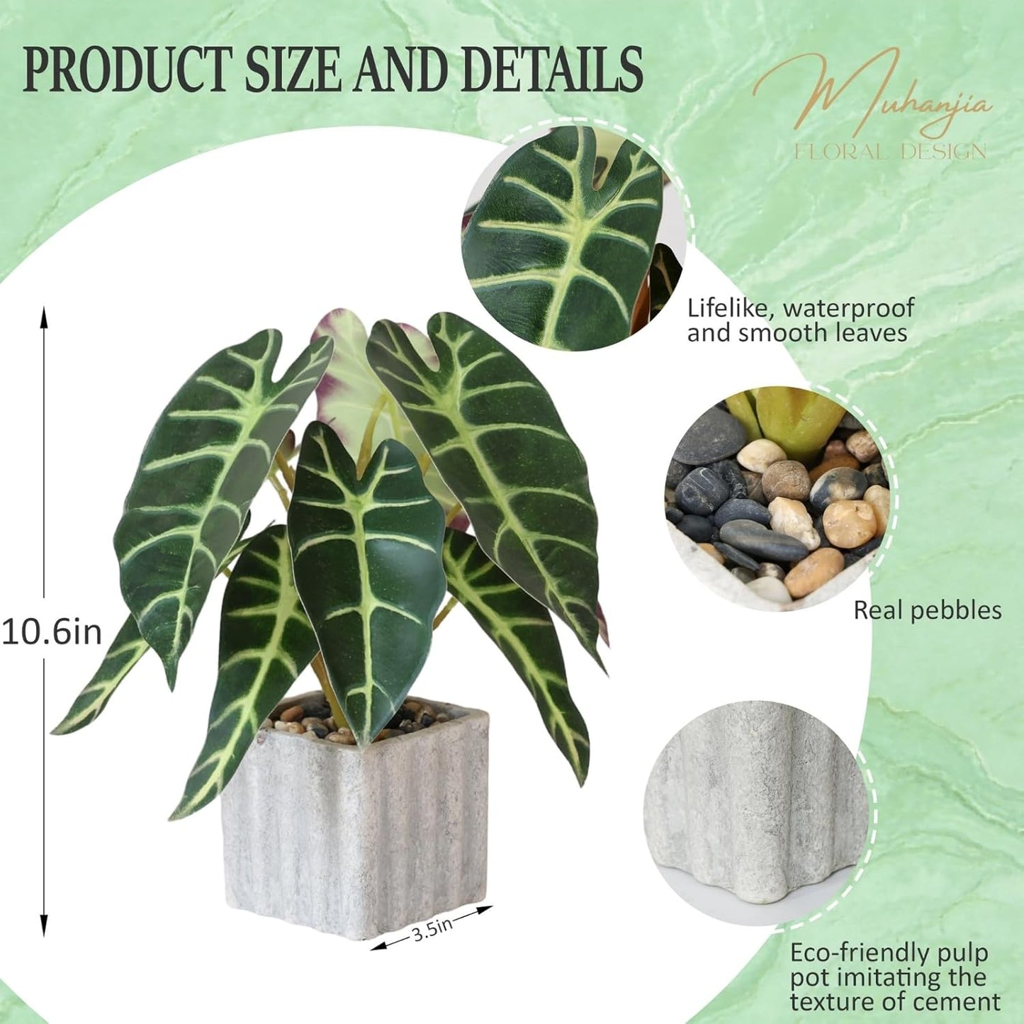 Artificial Potted Plant, Lifelike Faux Greenery in Decorative Cement-Look Square Pot for Indoor Home Decor Centerpieces (Alocasia)