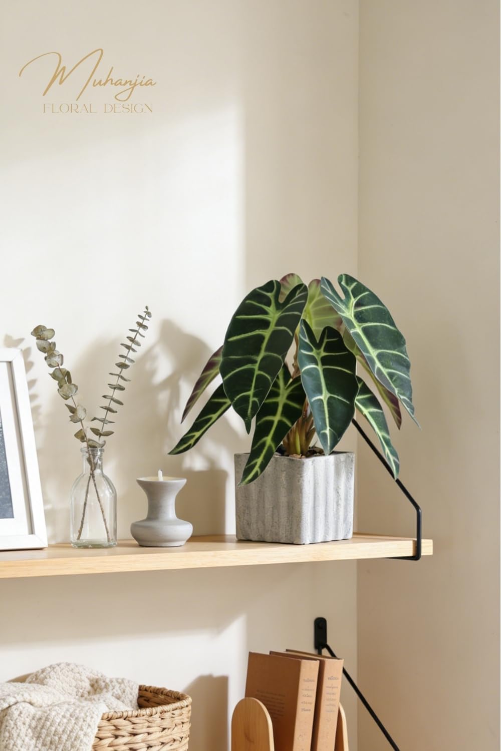 Artificial Potted Plant, Lifelike Faux Greenery in Decorative Cement-Look Square Pot for Indoor Home Decor Centerpieces (Alocasia)