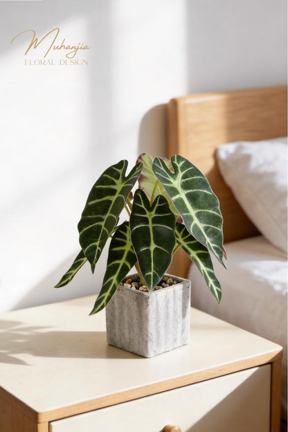 Artificial Potted Plant, Lifelike Faux Greenery in Decorative Cement-Look Square Pot for Indoor Home Decor Centerpieces (Alocasia)