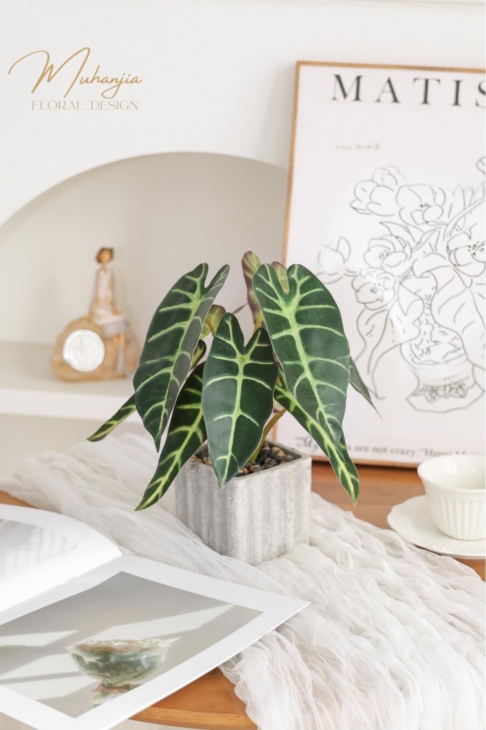 Artificial Potted Plant, Lifelike Faux Greenery in Decorative Cement-Look Square Pot for Indoor Home Decor Centerpieces (Alocasia)