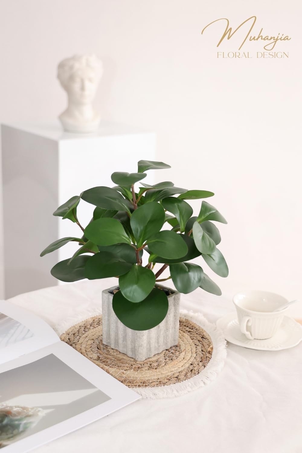 Artificial Potted Plant, Lifelike Faux Greenery in Decorative Cement-Look Square Pot for Indoor Home Decor Centerpieces (Alocasia)