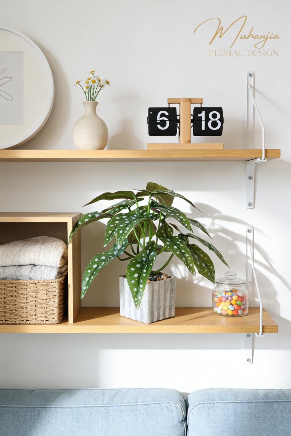 Artificial Potted Plant, Lifelike Faux Greenery in Decorative Cement-Look Square Pot for Indoor Home Decor Centerpieces (Alocasia)