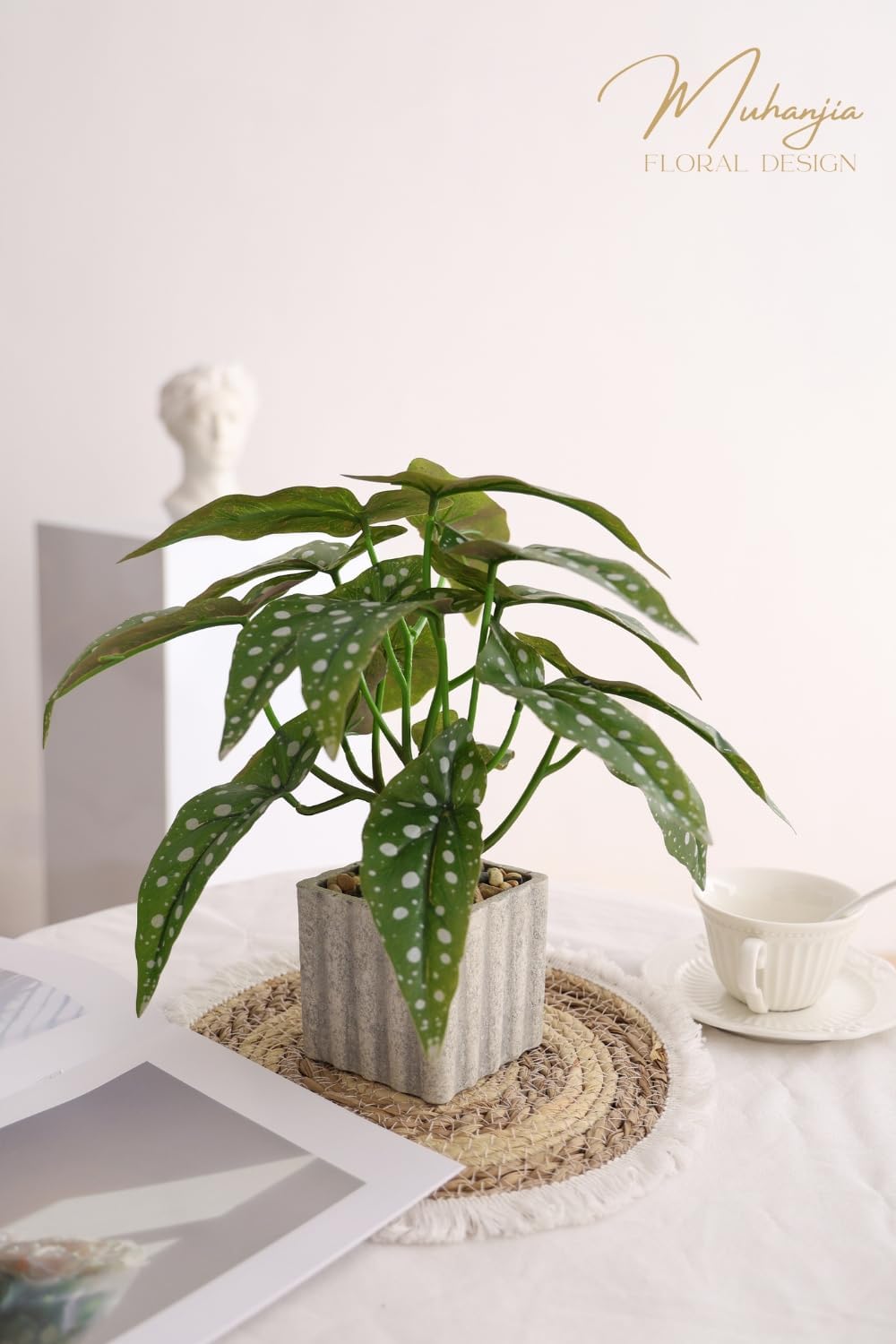 Artificial Potted Plant, Lifelike Faux Greenery in Decorative Cement-Look Square Pot for Indoor Home Decor Centerpieces (Alocasia)